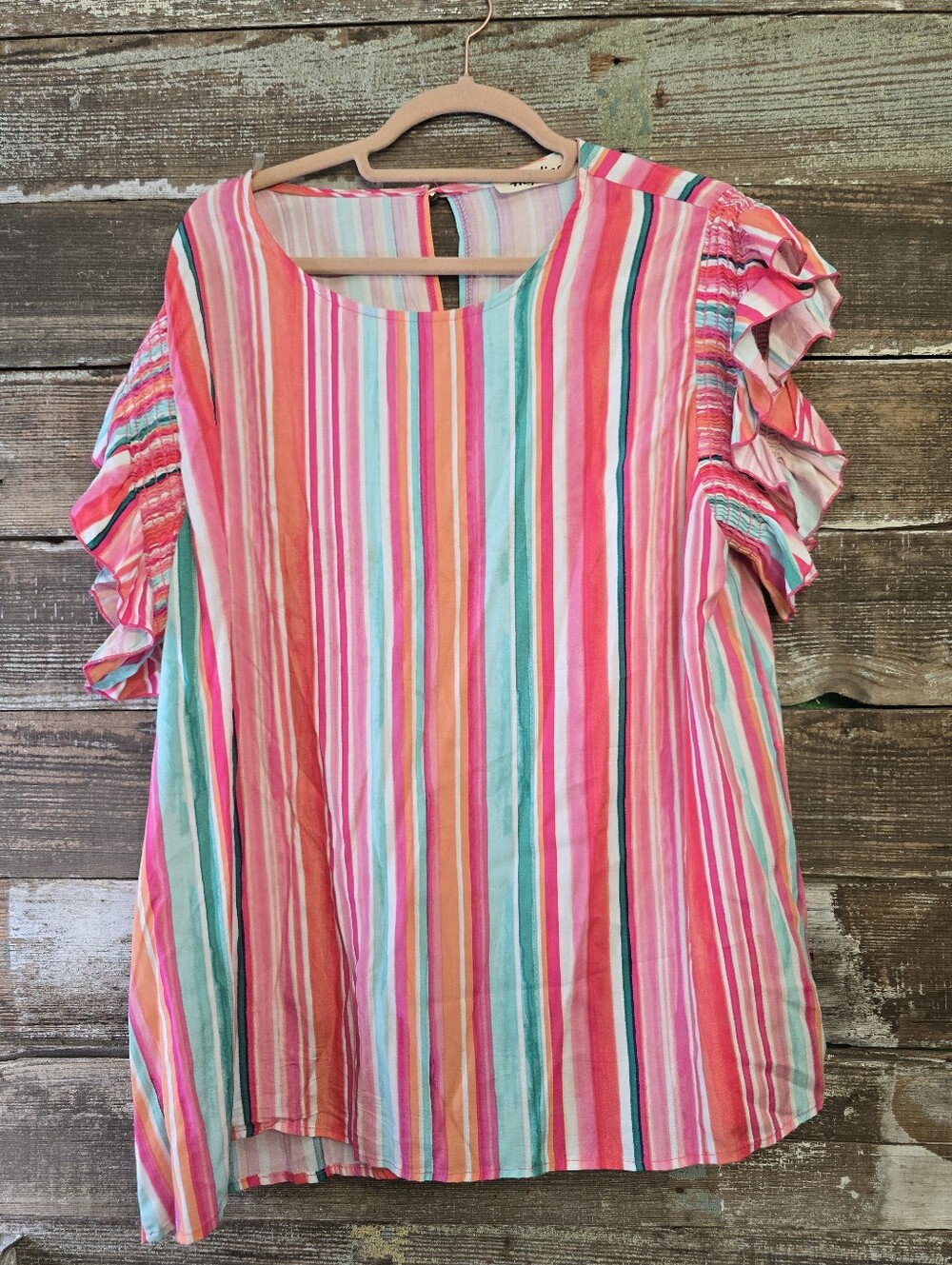 Haptics Striped Ruffle Sleeve Women’s Top - Pink Multi, Size 2X